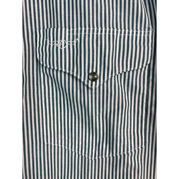Flying R Ranchwear by Ruddock Men's 15-33 Green Striped Pearl Snap Western Shirt - Picture 2 of 7
